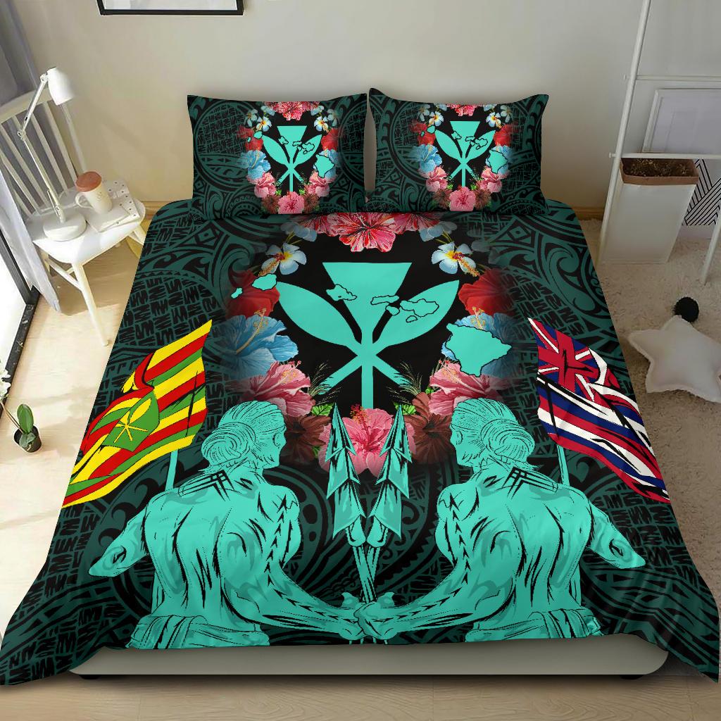 Hawaii Map Kanaka Two Men Holding Flag Bedding Set - AH - Turquoise - Polynesian Pride