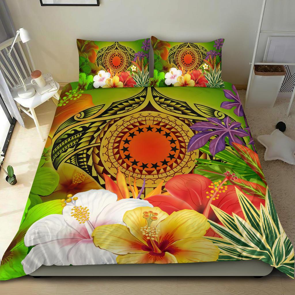 Cook Islands Polynesian Bedding Set - Manta Ray Tropical Flowers (Reggae) - Polynesian Pride