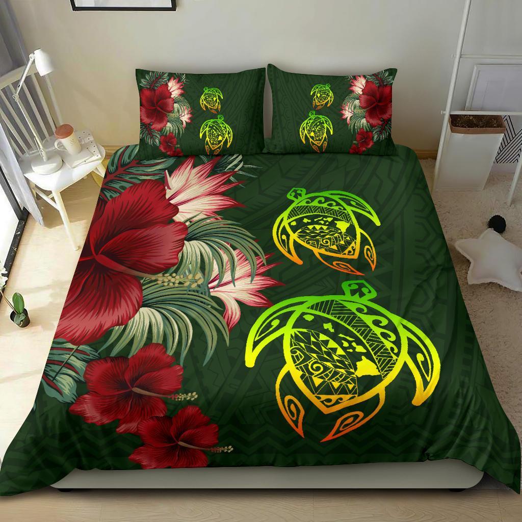 Hawaii Bedding Set - Turtle Hibiscus Pattern Hawaiian Bedding Set - Green - Polynesian Pride