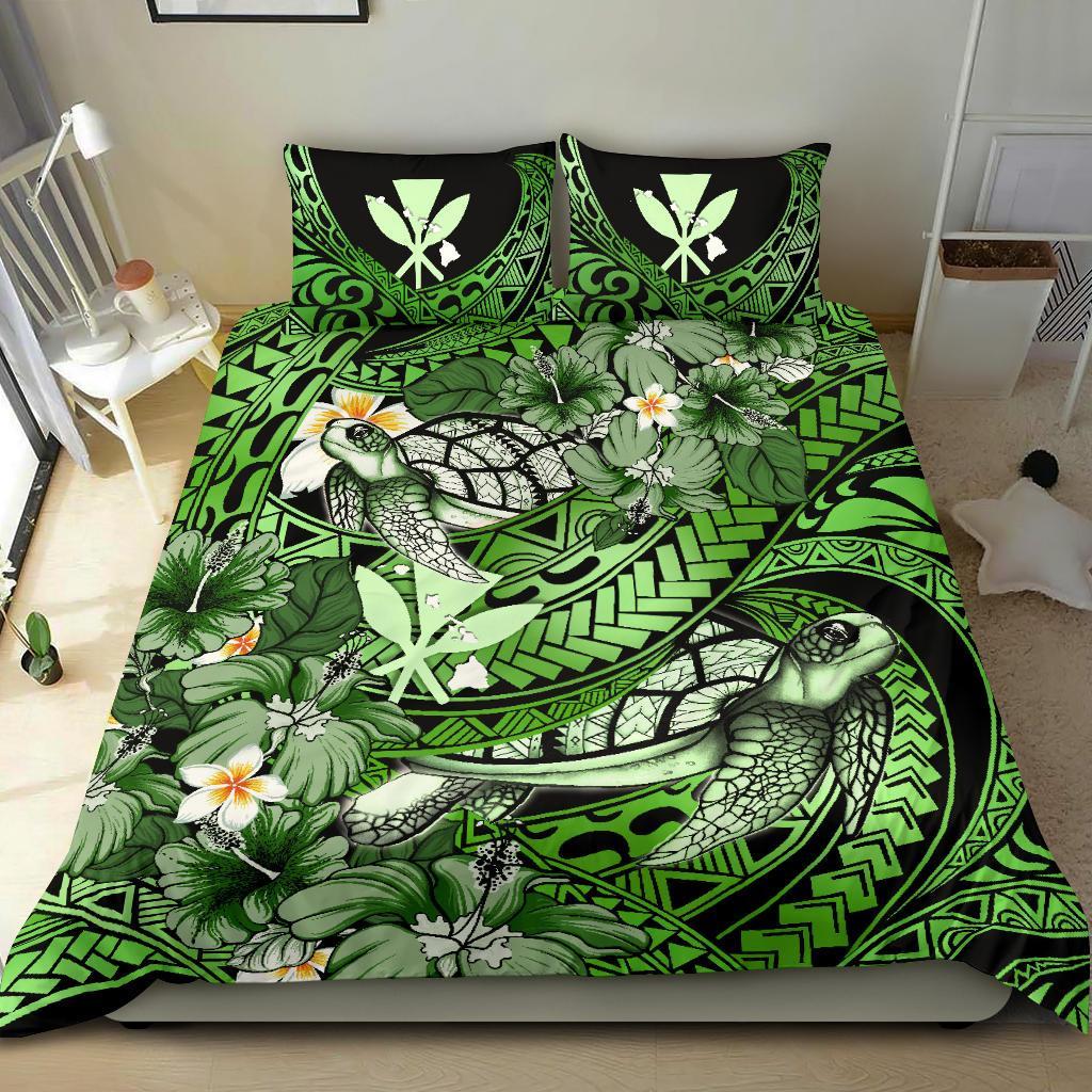 Kanaka Maoli (Hawaiian) Bedding Set - Waves Polynesian Turtle Hibiscus (Green) - Polynesian Pride