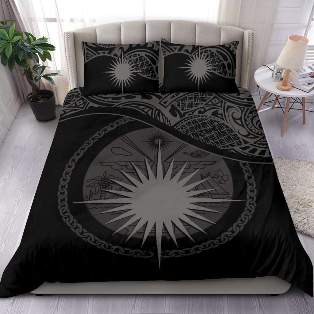 Marshall Island Duvet Cover Set - Marshall Island Coat Of Arms & Flag Black - Polynesian Pride