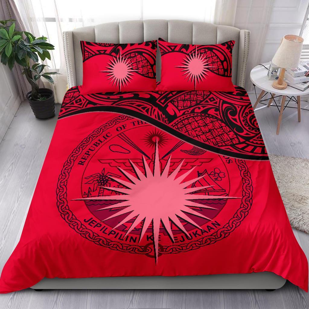 Marshall Island Duvet Cover Set - Marshall Island Coat Of Arms & Flag Red - Polynesian Pride