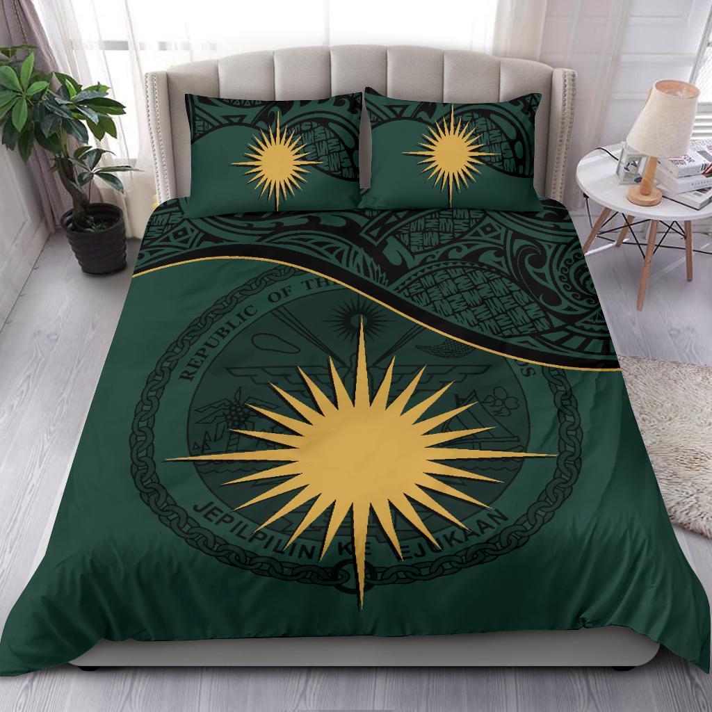 Marshall Island Duvet Cover Set - Marshall Island Coat Of Arms & Flag Green - Polynesian Pride