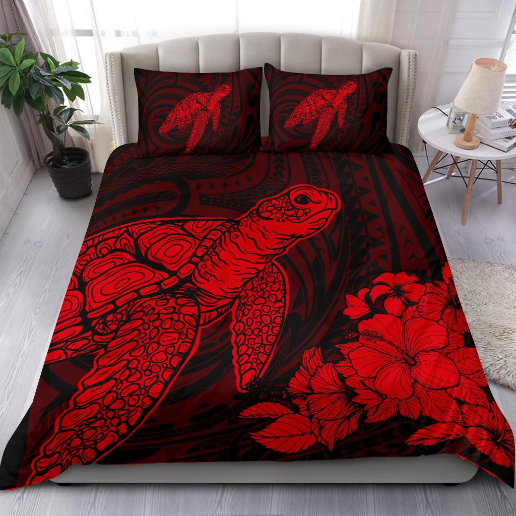 Hawaiian Hibiscus Memory Turtle Polynesian Bedding Set Red - Polynesian Pride
