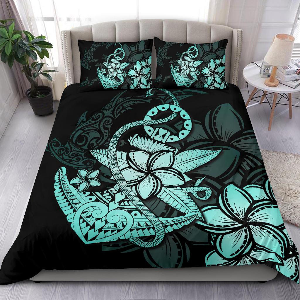 Hawaiian Anchor Plumeria Hamerhead Shark Polynesian Bedding Set - Turquoise - Polynesian Pride