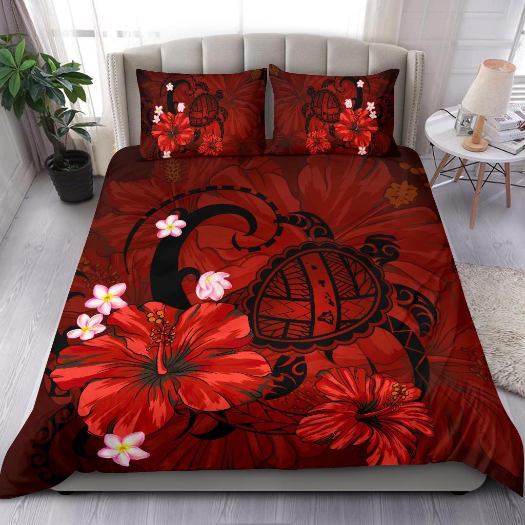 Hawaiian Map Big Turtle Hibiscus Plumeria Tribal Polynesian Bedding Set - Red - Polynesian Pride