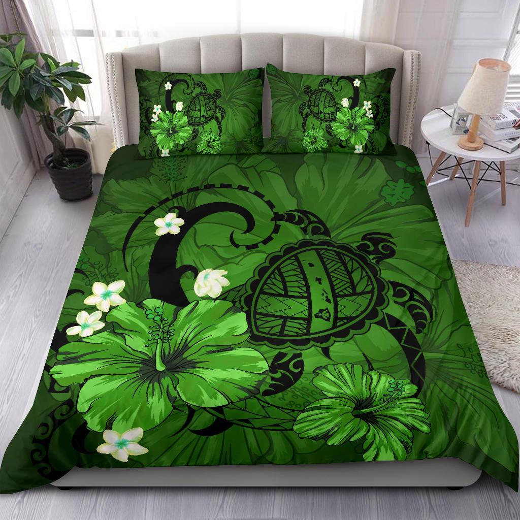 Hawaiian Map Big Turtle Hibiscus Plumeria Tribal Polynesian Bedding Set - Green - Polynesian Pride