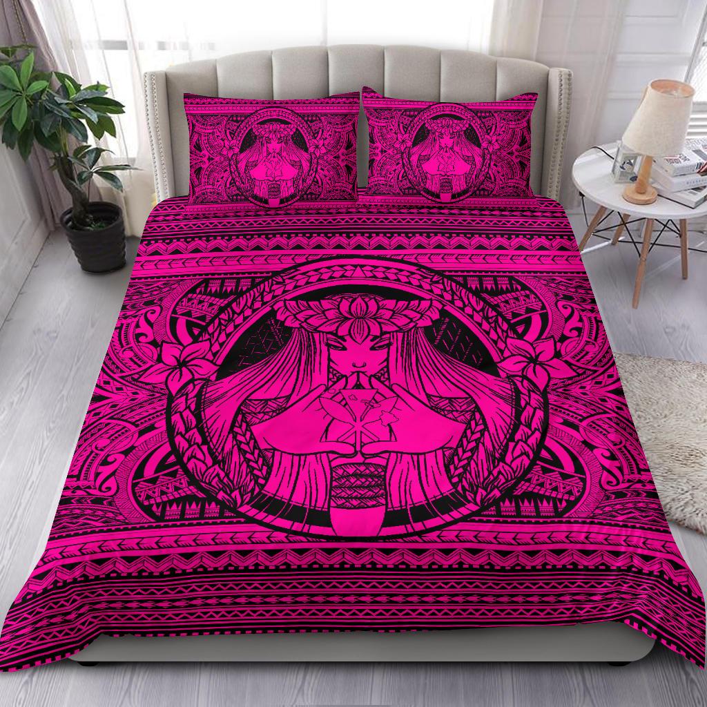 Hawaiian Map Madame Pele Kanaka Plumeria Polynesian Bedding Set Pink - Polynesian Pride