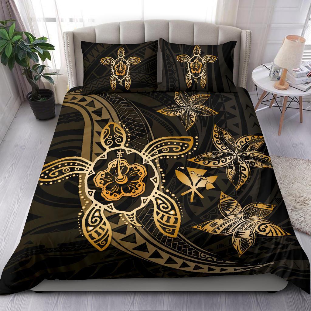 Hawaiian Map Art Turtle Kanaka Hibiscus Plumeria Gold Polynesian Bedding Set - Polynesian Pride
