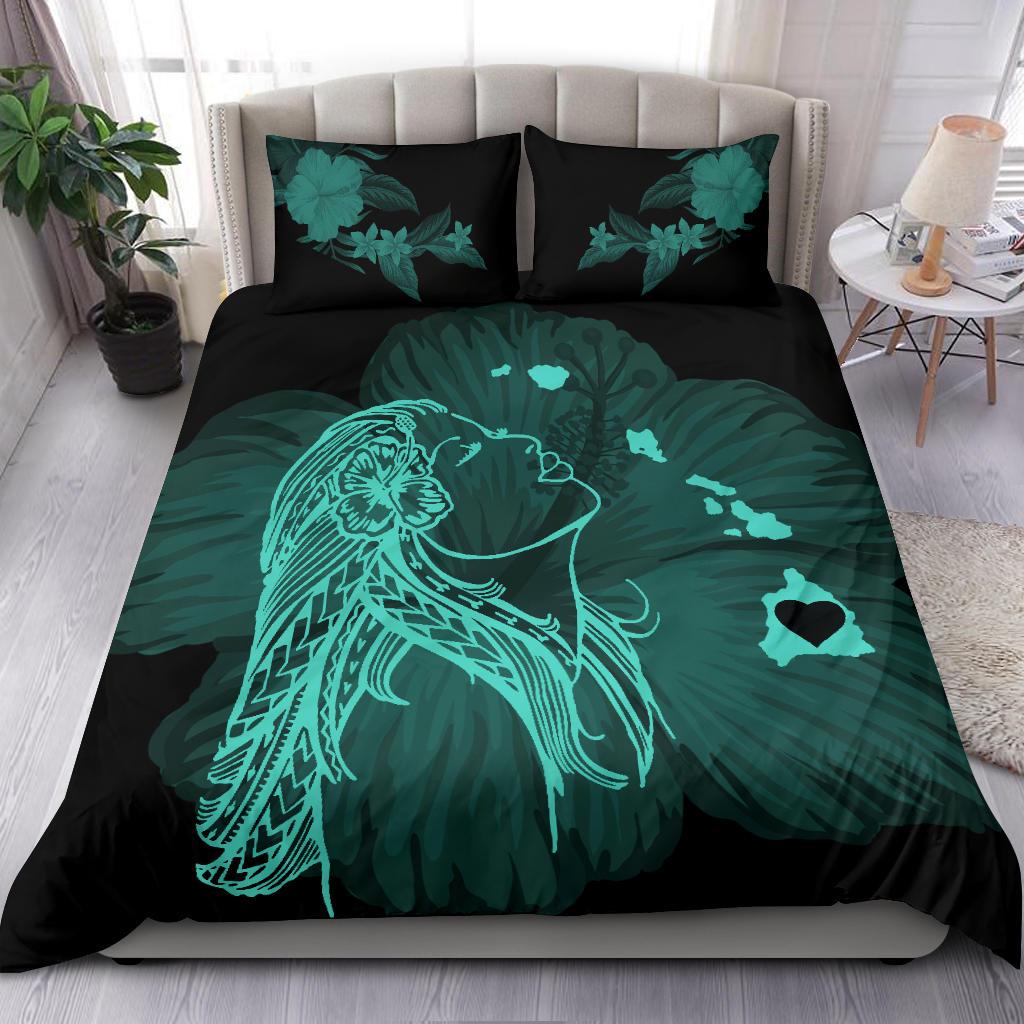 Hawaiian Map Heart Hula Girl Hibiscus Polynesian Bedding Set - Turquoise - Polynesian Pride
