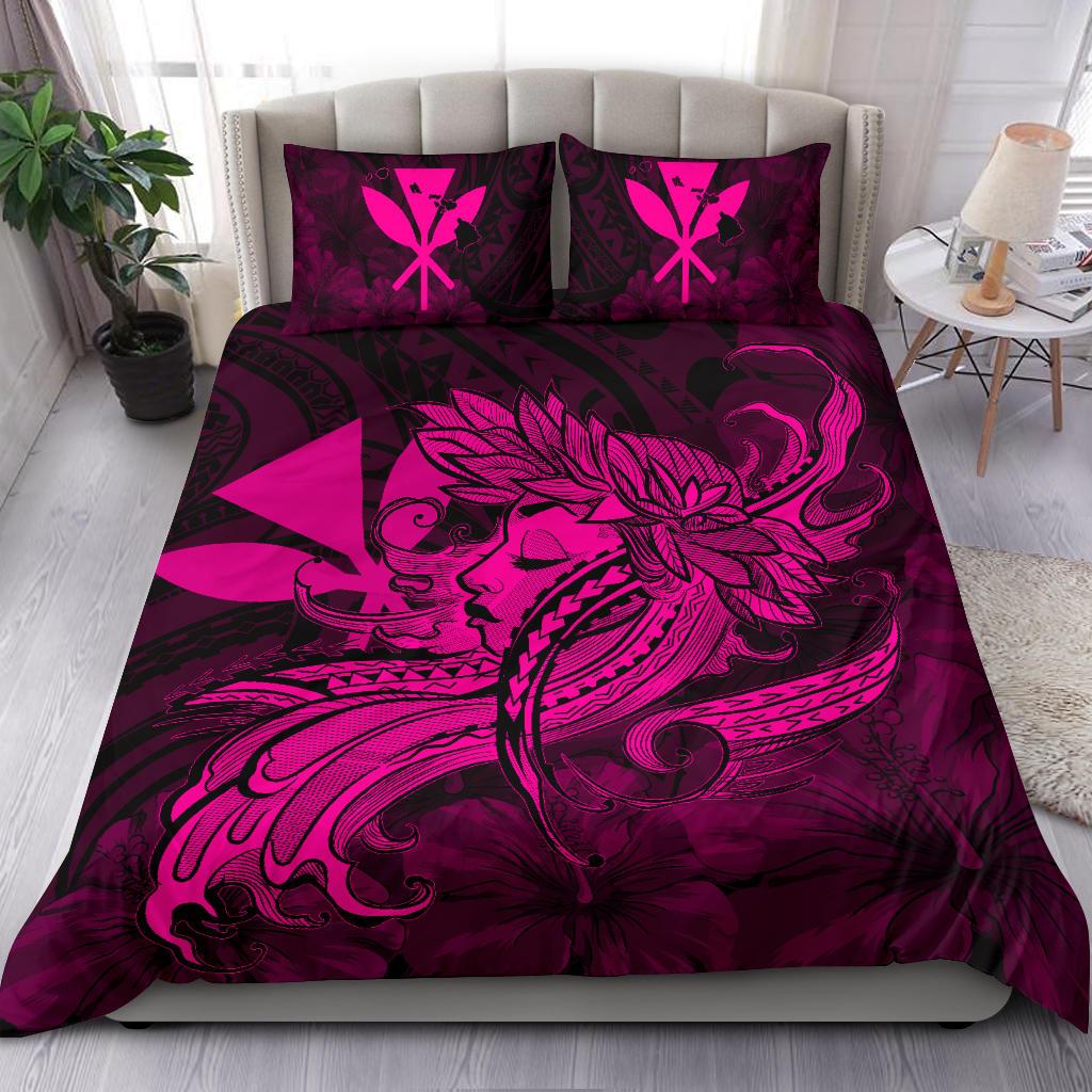Hawaiian Map Hula Girl Hibiscus Kanaka Polynesian Bedding Set - Pink - Polynesian Pride
