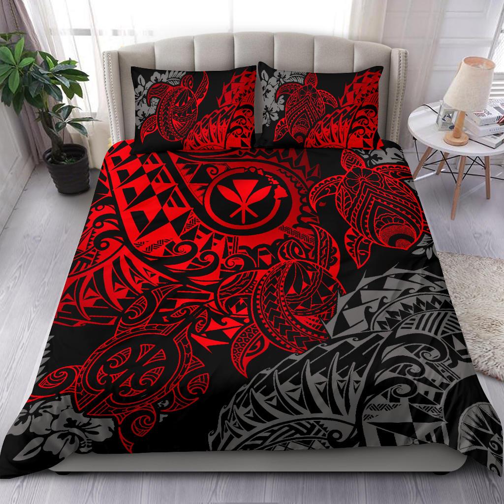 Polynesian Hawaii (Kanaka Maoli) Duvet Cover Set - Red Hibiscus Turtle Flowing - Polynesian Pride