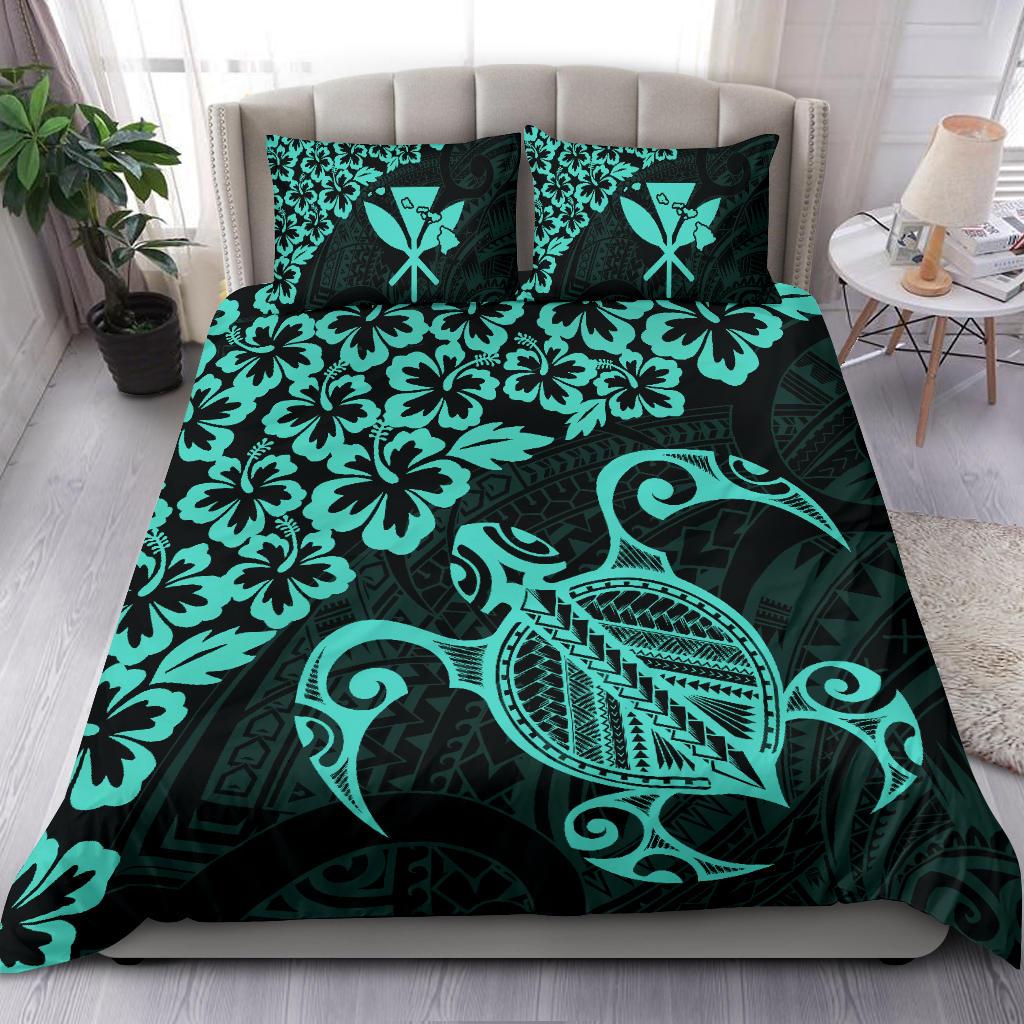 Hawaiian Map Turtle Hibiscus Kanaka Polynesian Bedding Set - Turquoise - Polynesian Pride