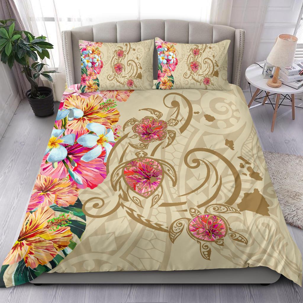 Hawaii Triple Marble Turtle Polynesian Hibiscus Bedding Set - AH - Benjamin Style - Beige - Polynesian Pride