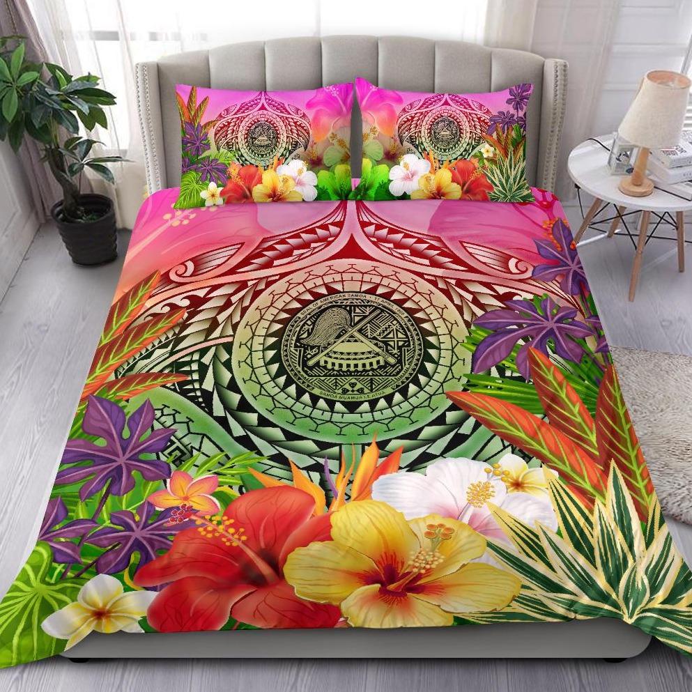 American Samoa Polynesian Bedding Set - Manta Ray Tropical Flowers Pink - Polynesian Pride