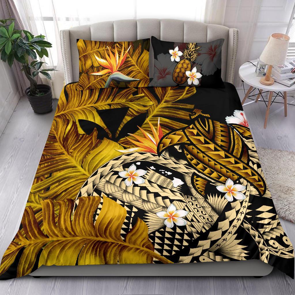 Kanaka Maoli (Hawaiian) Bedding Set, Polynesian Pineapple Banana Leaves Turtle Tattoo Yellow - Polynesian Pride