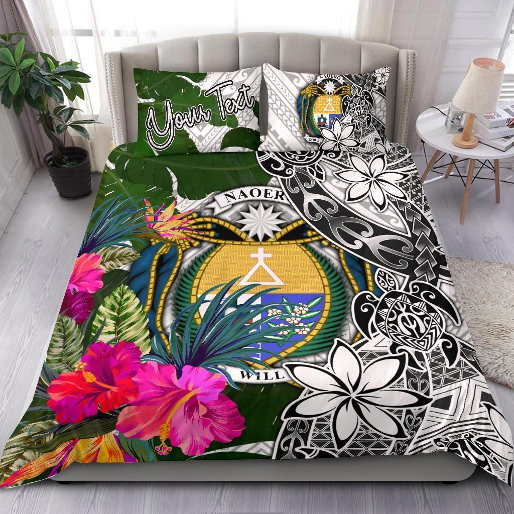 Nauru Custom Personalised Bedding Set White - Turle Plumeria Banana Leaf Crest White - Polynesian Pride