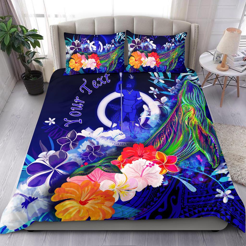 Vanuatu Custom Personalised Bedding Set - Humpback Whale with Tropical Flowers (Blue) - Polynesian Pride
