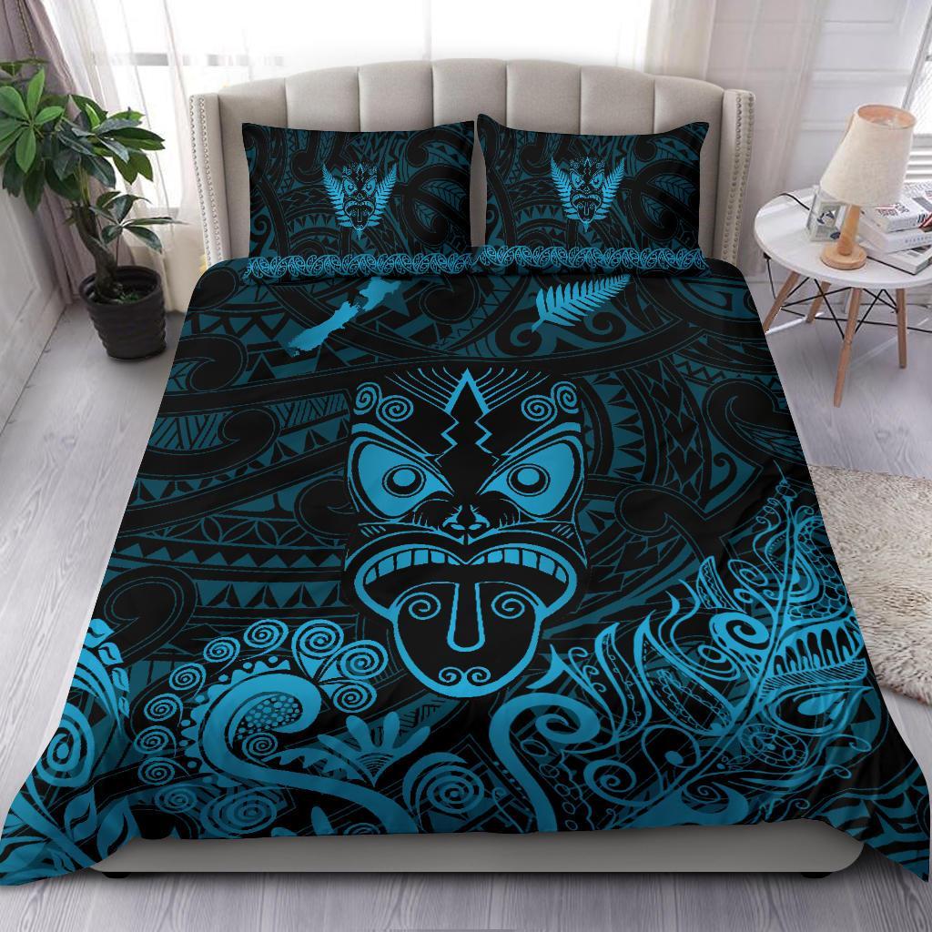 Maori Aotearoa Rugby Haka Bedding Set New Zealand Silver Fern - Turquoise Art - Polynesian Pride