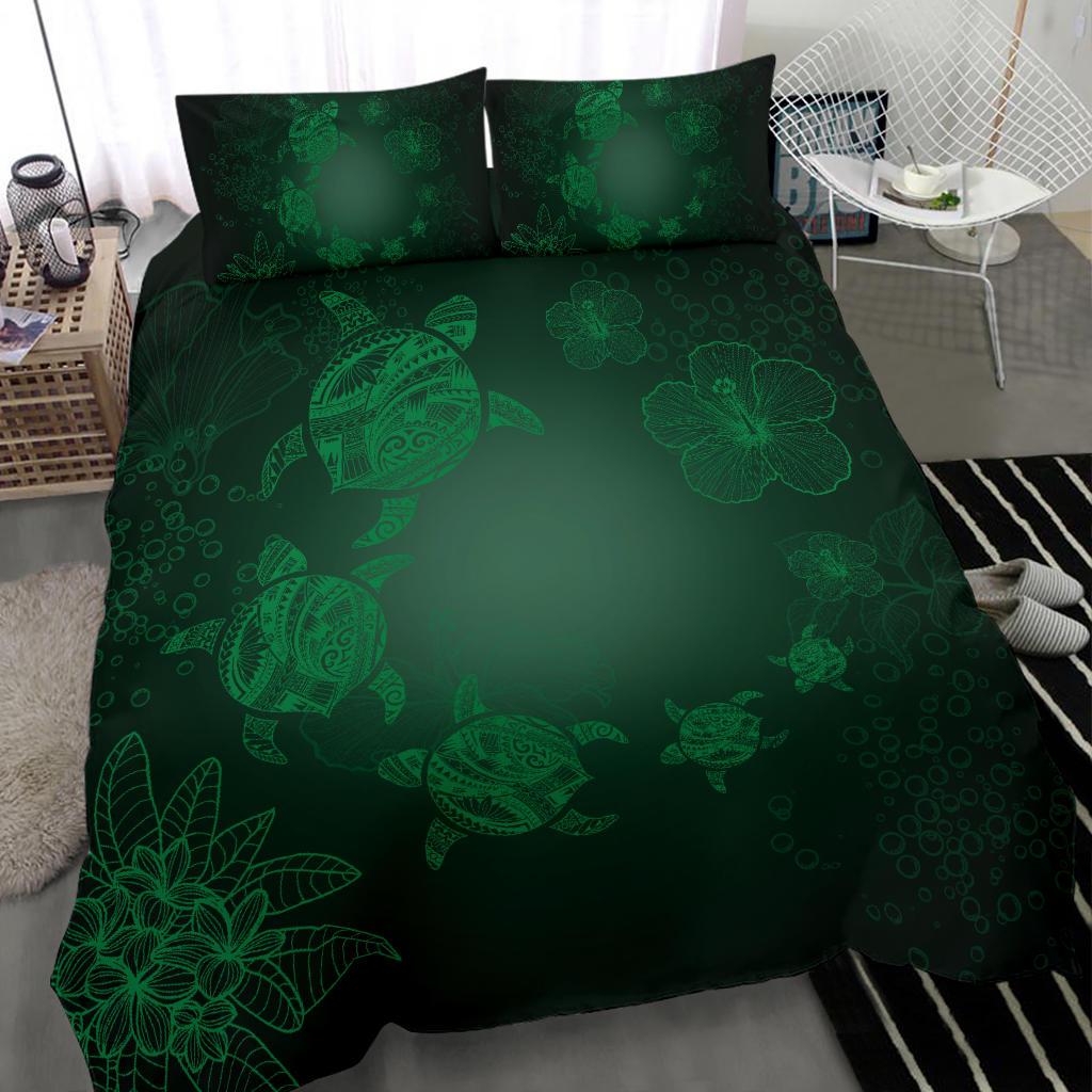Hawaiian Plumeria Hibiscus Turtle Under The Sea Polynesian Bedding Set Green - Polynesian Pride