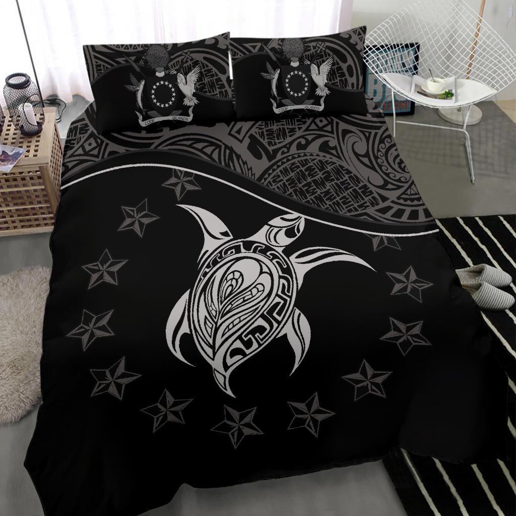 Cook Island Duvet Cover Set - Cook Island Flag & Turtle Tattoo Black - Polynesian Pride