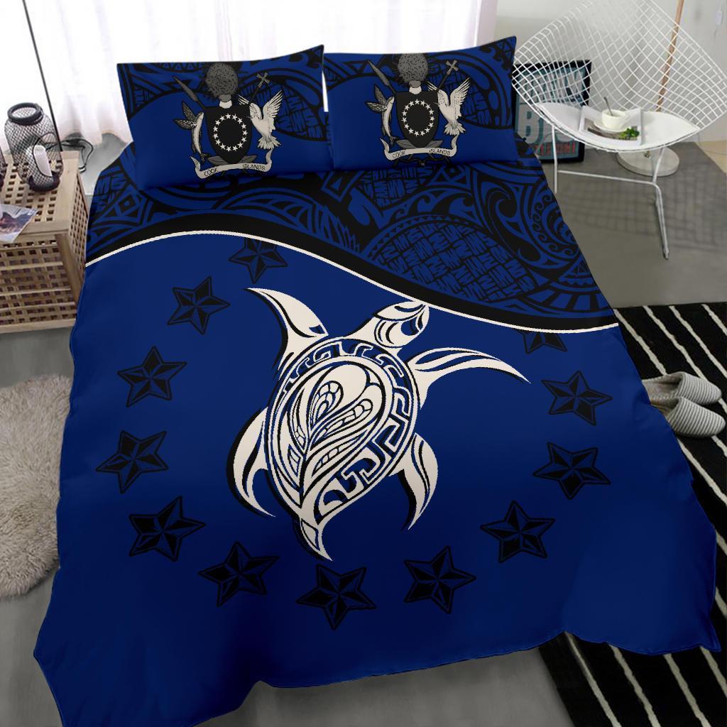 Cook Island Duvet Cover Set - Cook Island Flag & Turtle Tattoo Dark Blue - Polynesian Pride