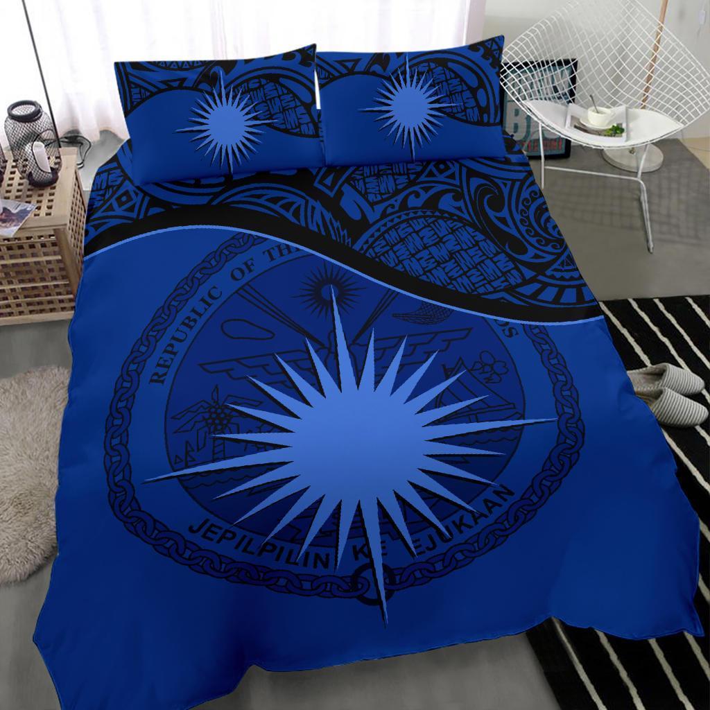 Marshall Island Duvet Cover Set - Marshall Island Coat Of Arms & Flag Dark Blue - Polynesian Pride