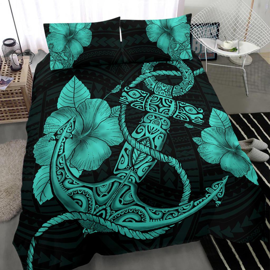 Hawaiian Anchor Poly Tribal Hibiscus Polynesian Bedding Set Turquoise - Polynesian Pride