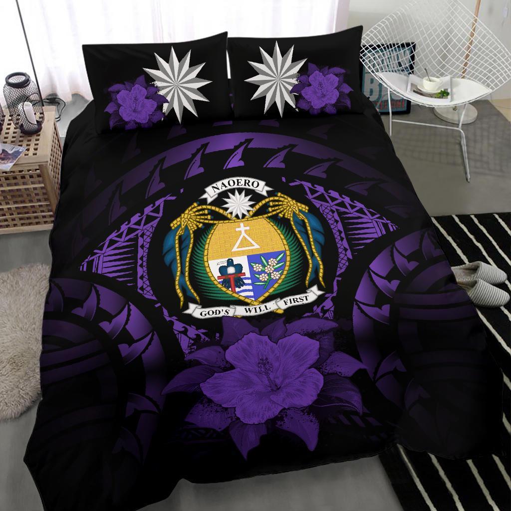 Nauru Duvet Cover Set - Nauru Coat Of Arms & Purple Hibiscus - Polynesian Pride