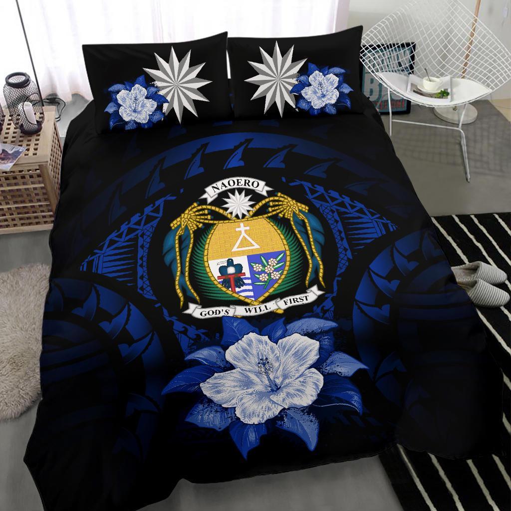 Nauru Duvet Cover Set - Nauru Coat Of Arms & Dark Blue Hibiscus - Polynesian Pride
