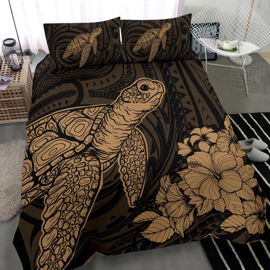 Hawaiian Hibiscus Memory Turtle Polynesian Bedding Set Gold - Polynesian Pride