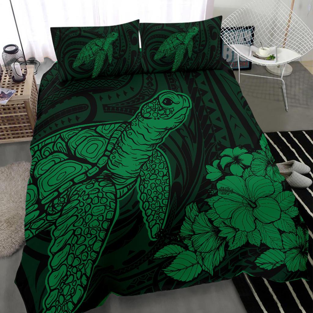 Hawaiian Hibiscus Memory Turtle Polynesian Bedding Set Green - Polynesian Pride