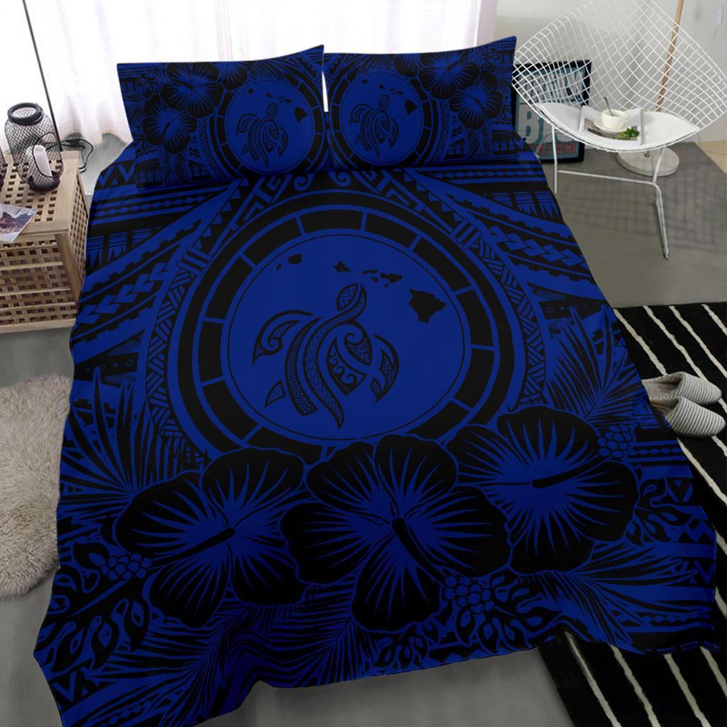 Hawaiian Map Honu Hibiscus Tropic Blue Polynesian Bedding Set - Polynesian Pride