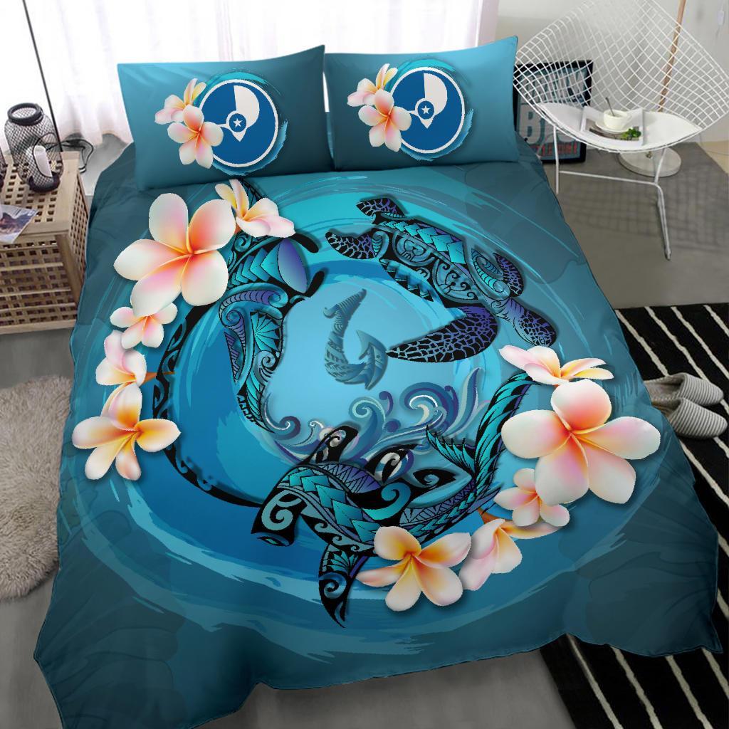 Polynesian Duvet Cover Set - Yap Bedding Set Blue Plumeria Animal Tattoo - Polynesian Pride