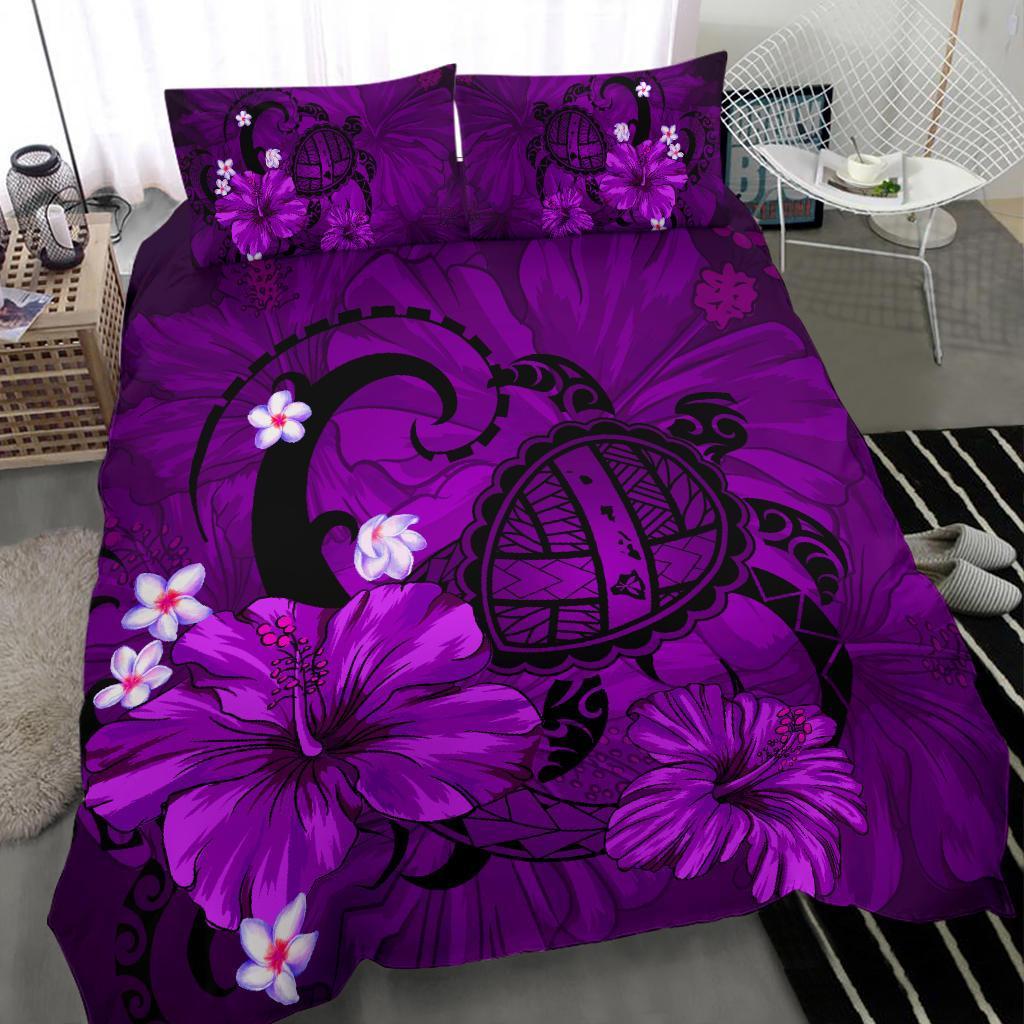 Hawaiian Map Big Turtle Hibiscus Plumeria Tribal Polynesian Bedding Set - Purple - Polynesian Pride
