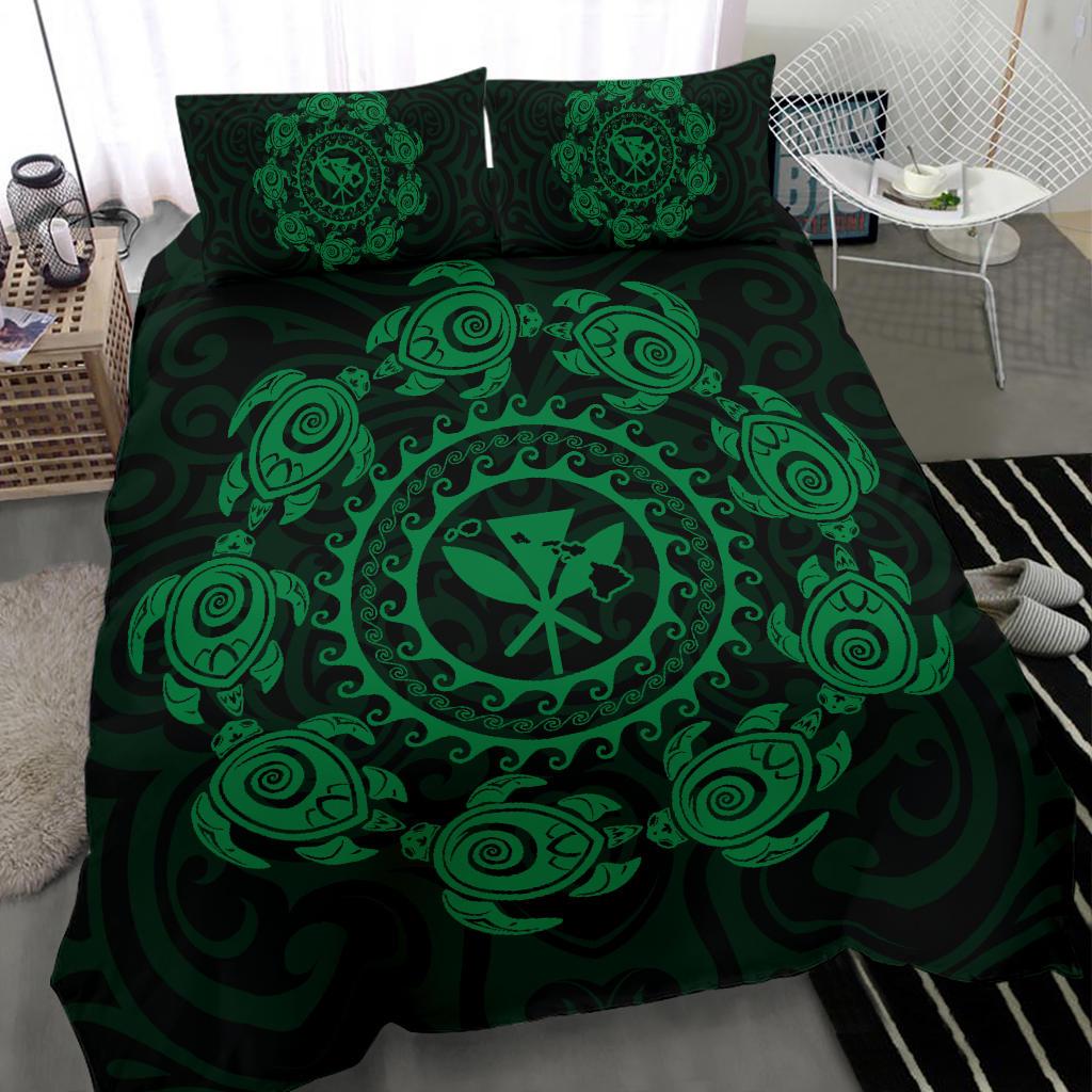 Hawaiian Map Kanaka Turtles Circle Style Green Polynesian Bedding Set - Polynesian Pride