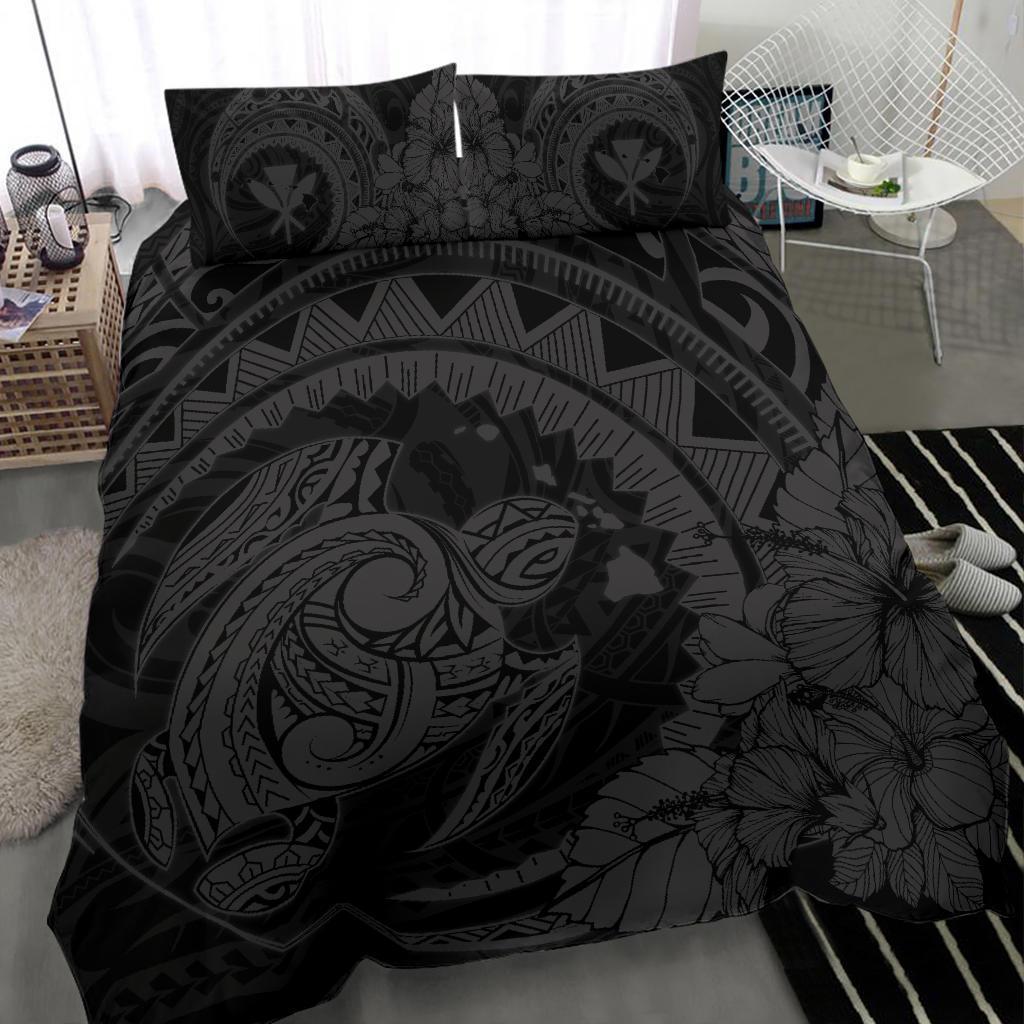Hawaiian Map Kanaka Honu Hibiscus Gray Globular Polynesian Bedding Set - Polynesian Pride