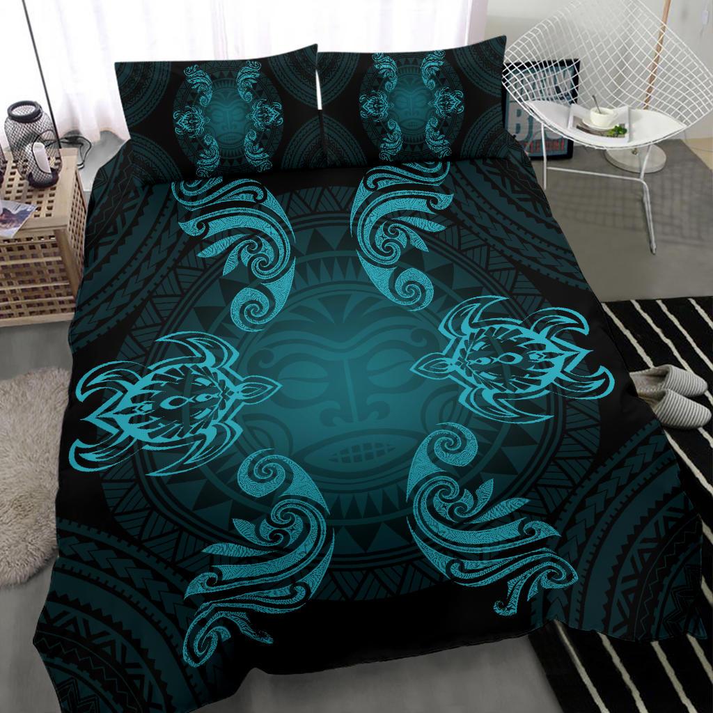 Hawaiian Turtles Tribal Mask Polynesian Bedding Set Blue - Polynesian Pride