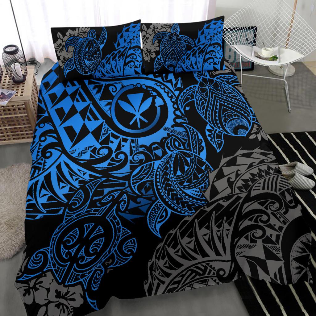 Polynesian Hawaii (Kanaka Maoli) Duvet Cover Set - Blue Hibiscus Turtle Flowing 3 Pieces Bedding Set BLUE - Polynesian Pride