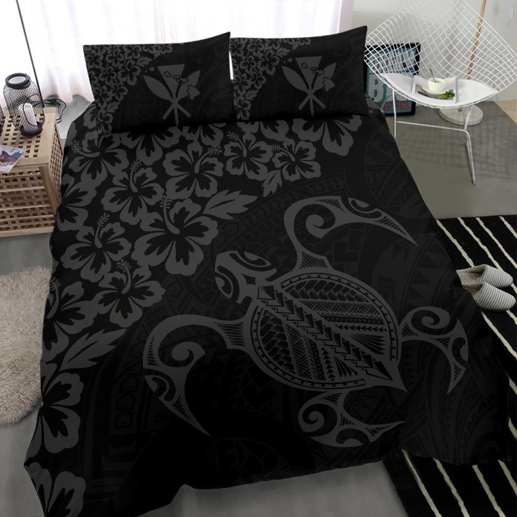 Hawaiian Map Turtle Hibiscus Kanaka Polynesian Bedding Set - Gray - Polynesian Pride