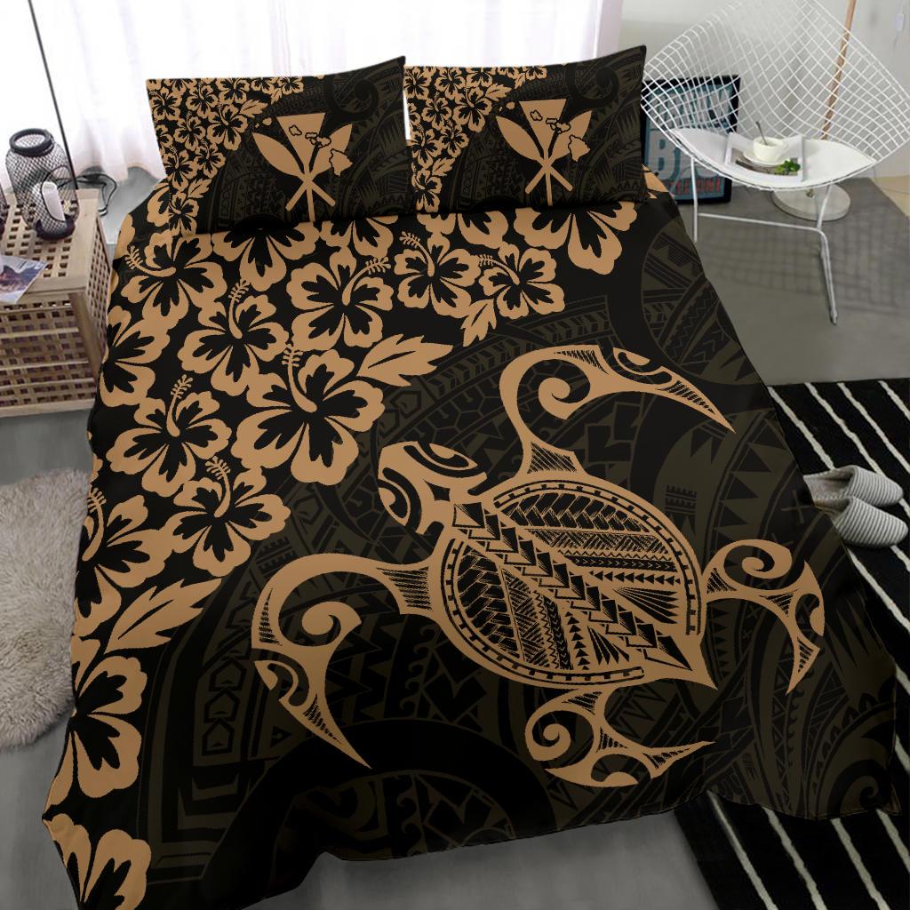 Hawaiian Map Turtle Hibiscus Kanaka Polynesian Bedding Set - Gold - Polynesian Pride