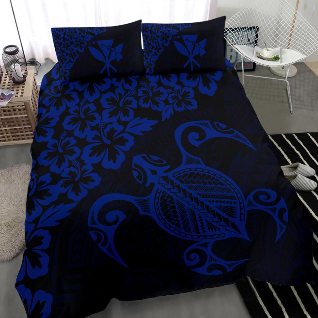 Hawaiian Map Turtle Hibiscus Kanaka Polynesian Bedding Set - Blue - Polynesian Pride