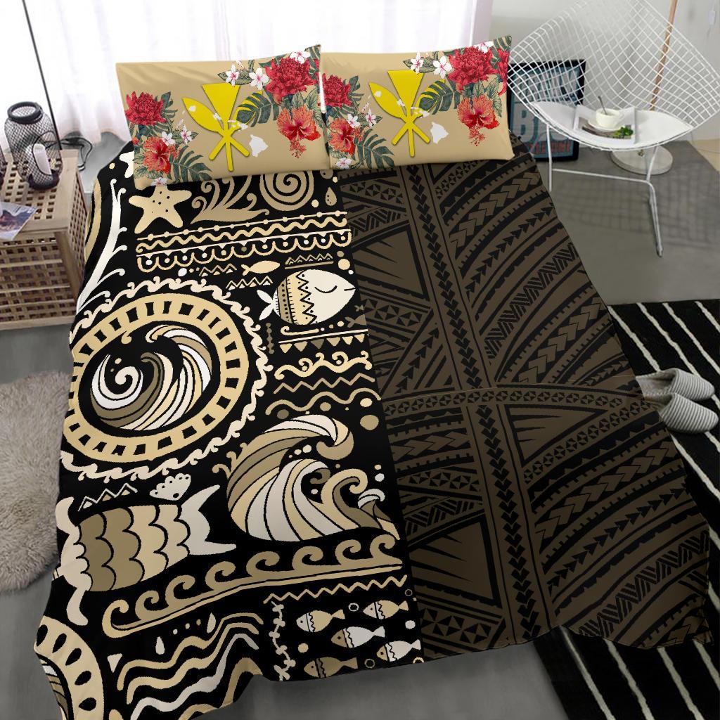 Polynesian Duvet Cover Set - Hawaii Bedding Set Gold Polynesian Hibiscus Tribal style - Polynesian Pride