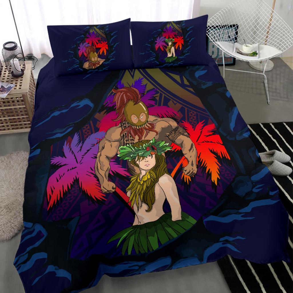 Hawaiian Hula Girl And Warrior Coconut Tree Polynesian Bedding Set - Polynesian Pride