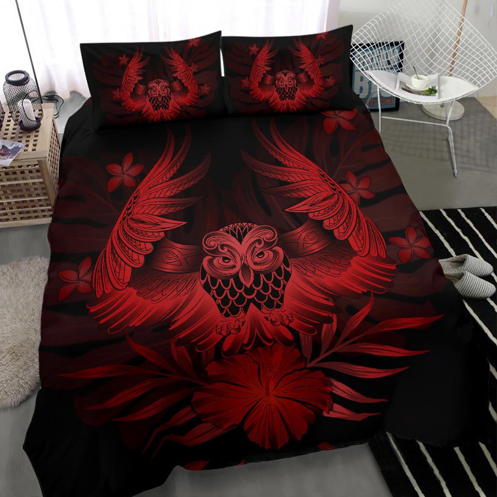 Hawaiian Owl Hibiscus Plumeria Polynesian Bedding Set - Red - Polynesian Pride