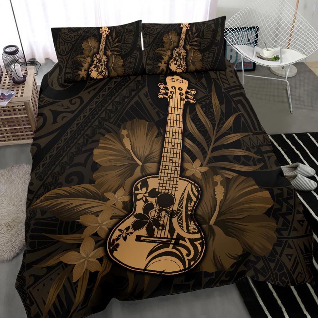 Hawaii Bedding Set - Hawaii Ukulele Flower Bedding Set - Gold - Polynesian Pride