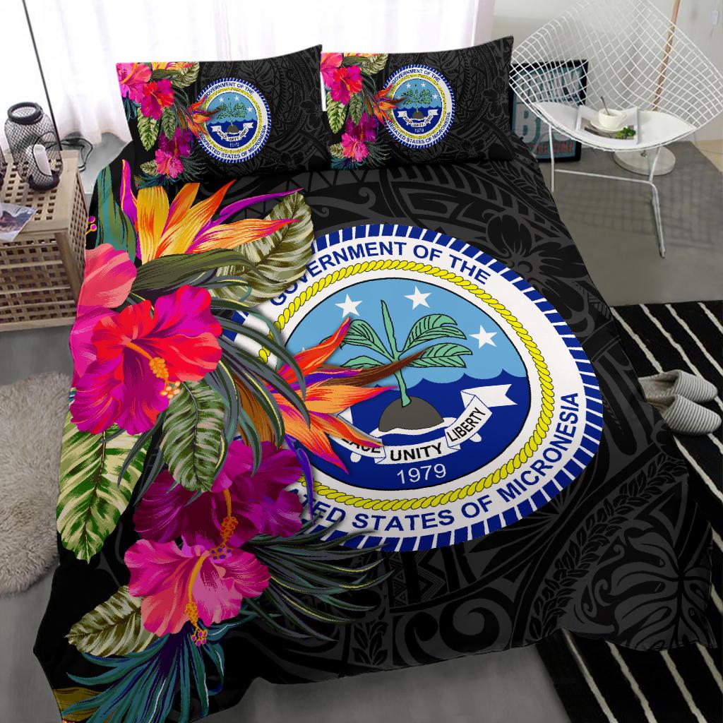 Federated States of Micronesia Bedding Set - Polynesian Hibiscus Pattern Black - Polynesian Pride