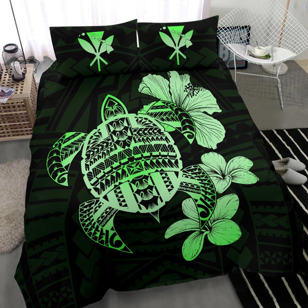 Hawaiian Kanaka Hibiscus Plumeria Mix Polynesian Turtle Bedding Set Green AH - Polynesian Pride