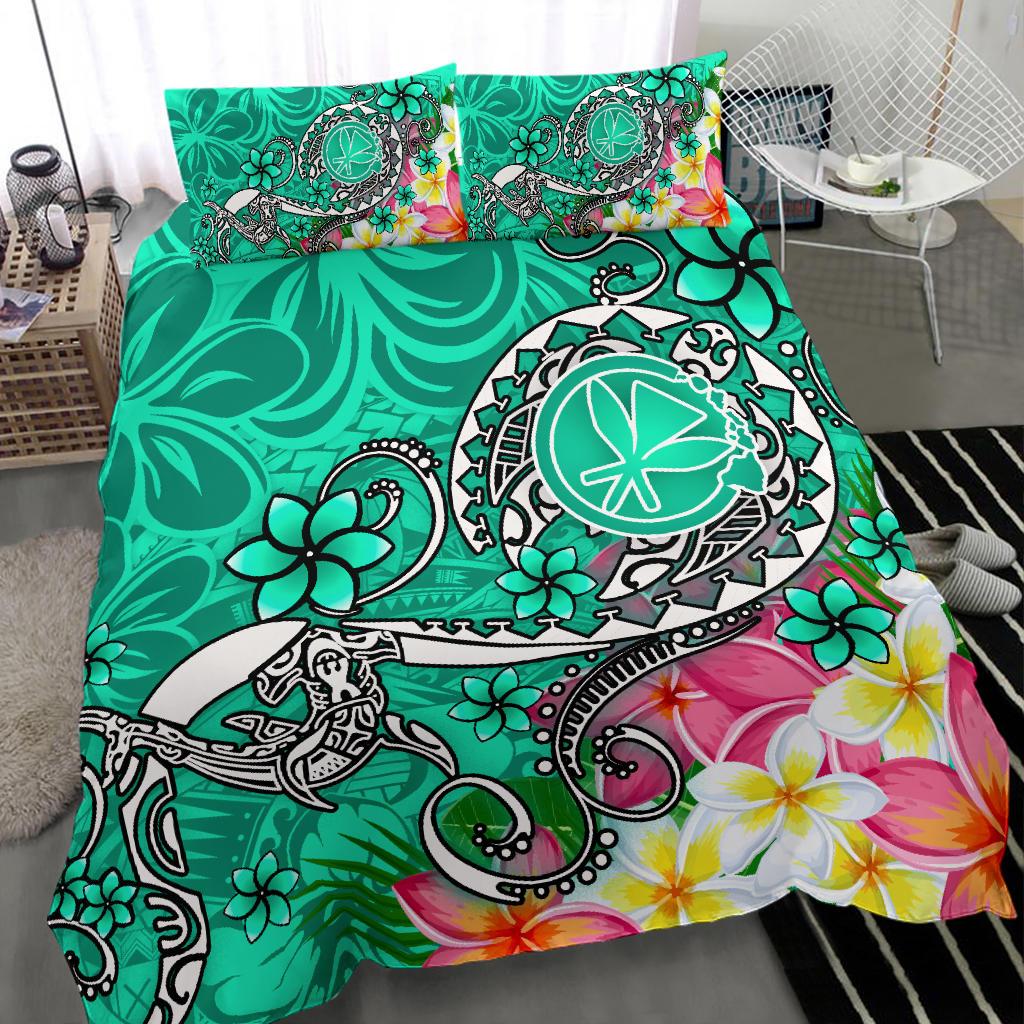 Hawaii Bedding Set - Turtle Plumeria Polynesian Tattoo Turquoise Color - Polynesian Pride