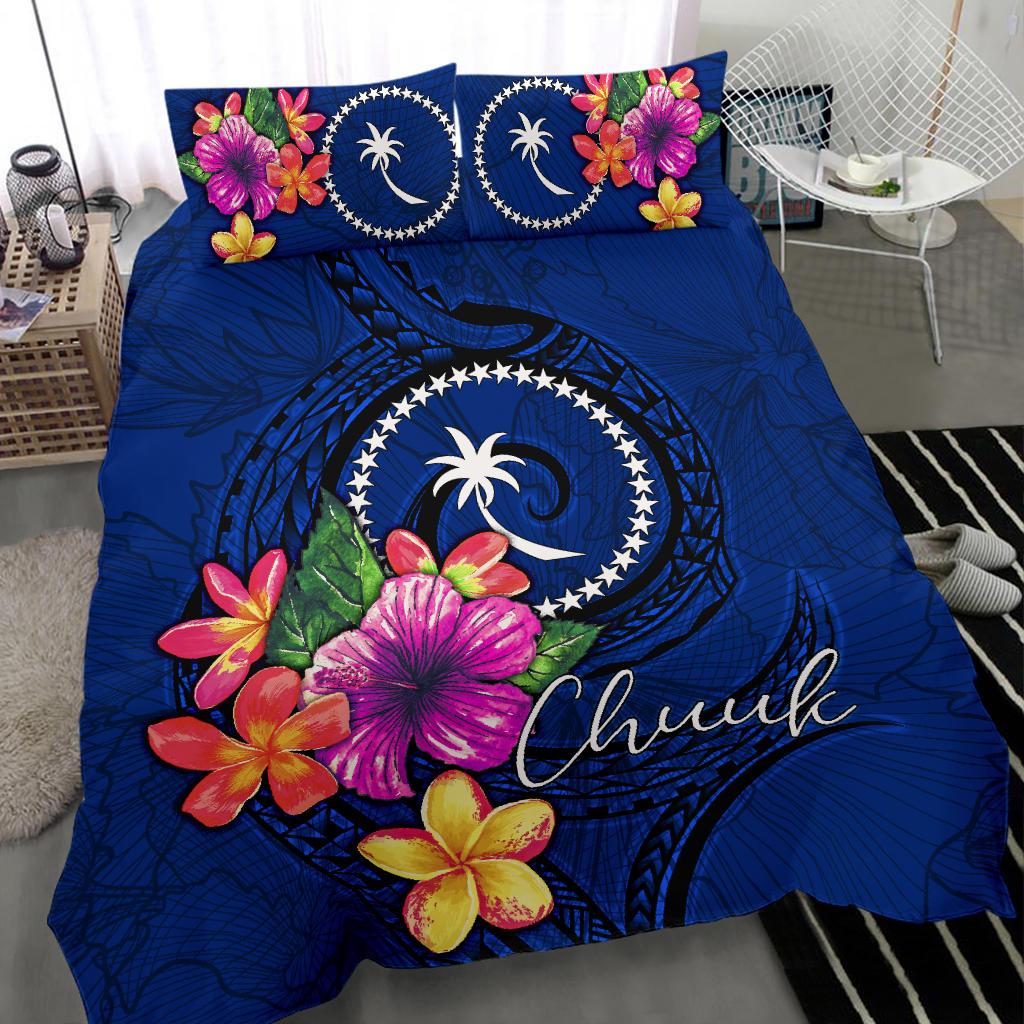 Micronesia Bedding Set - Chuuk Duvet Cover Set Floral With Seal Blue - Polynesian Pride